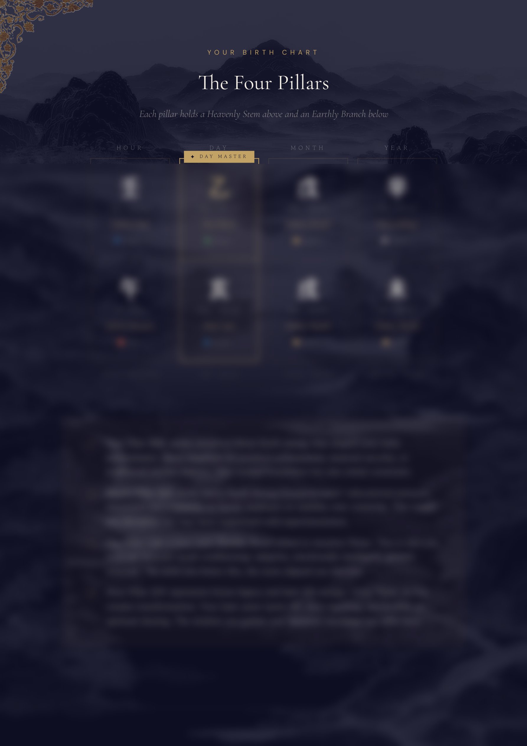 Four Pillars birth chart page from a Saju Atelier reading